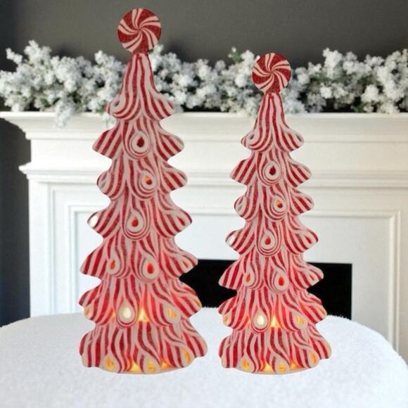 Peppermint Christmas Tree LED Light Up Sz 9.25 & 6.5 in Tabletop Ribbon Candy - Picture 6 of 9